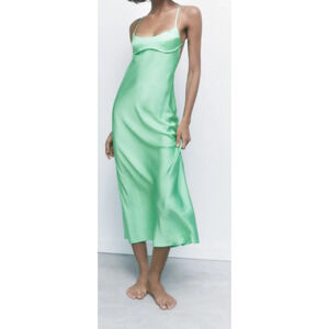 Zara Satin Midi Dress Mint Green Strappy Slip Dress Womens M NWT